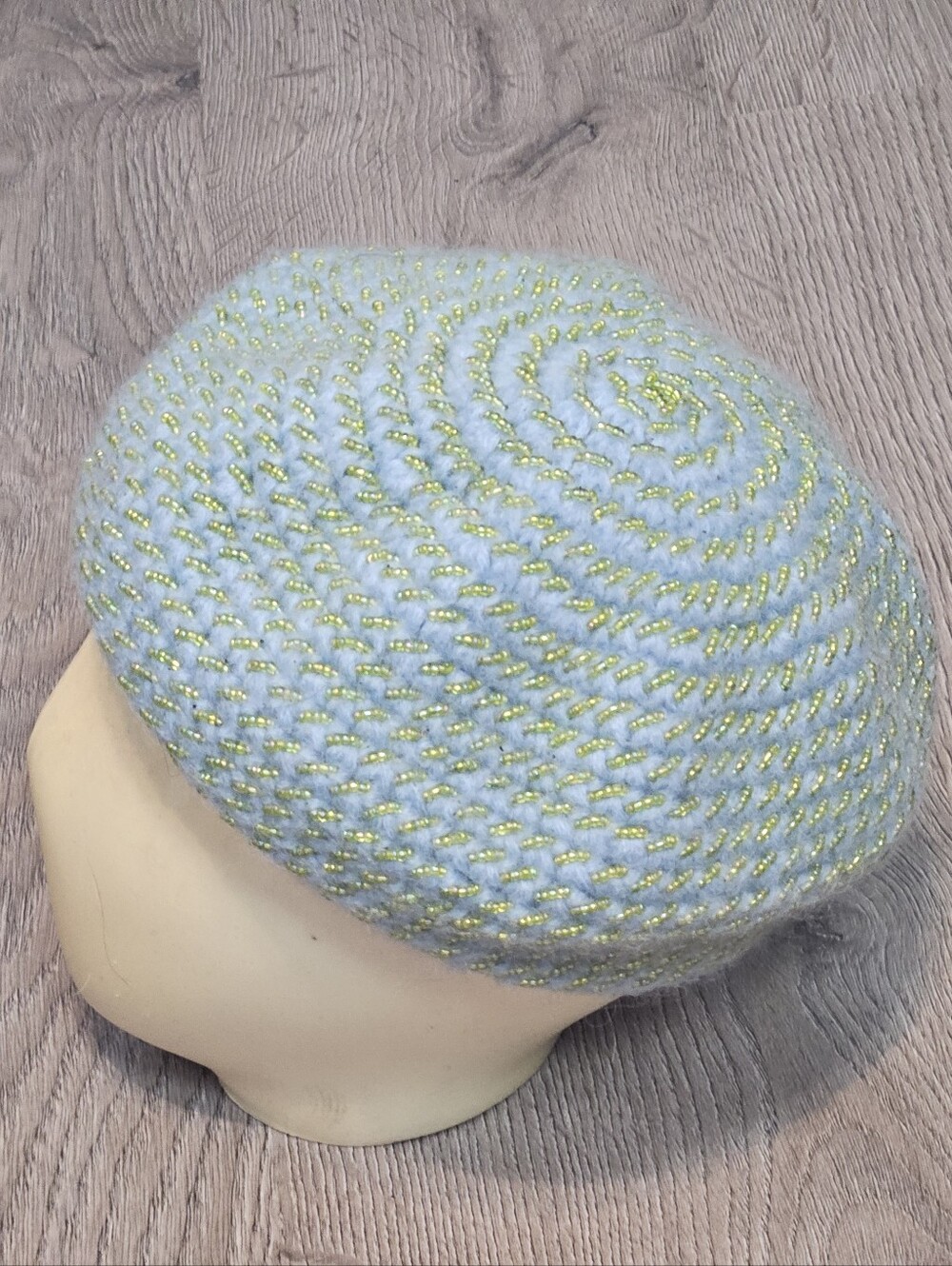 Vintage Women's Boho-Chic Crochet Beret in Blue and Silver